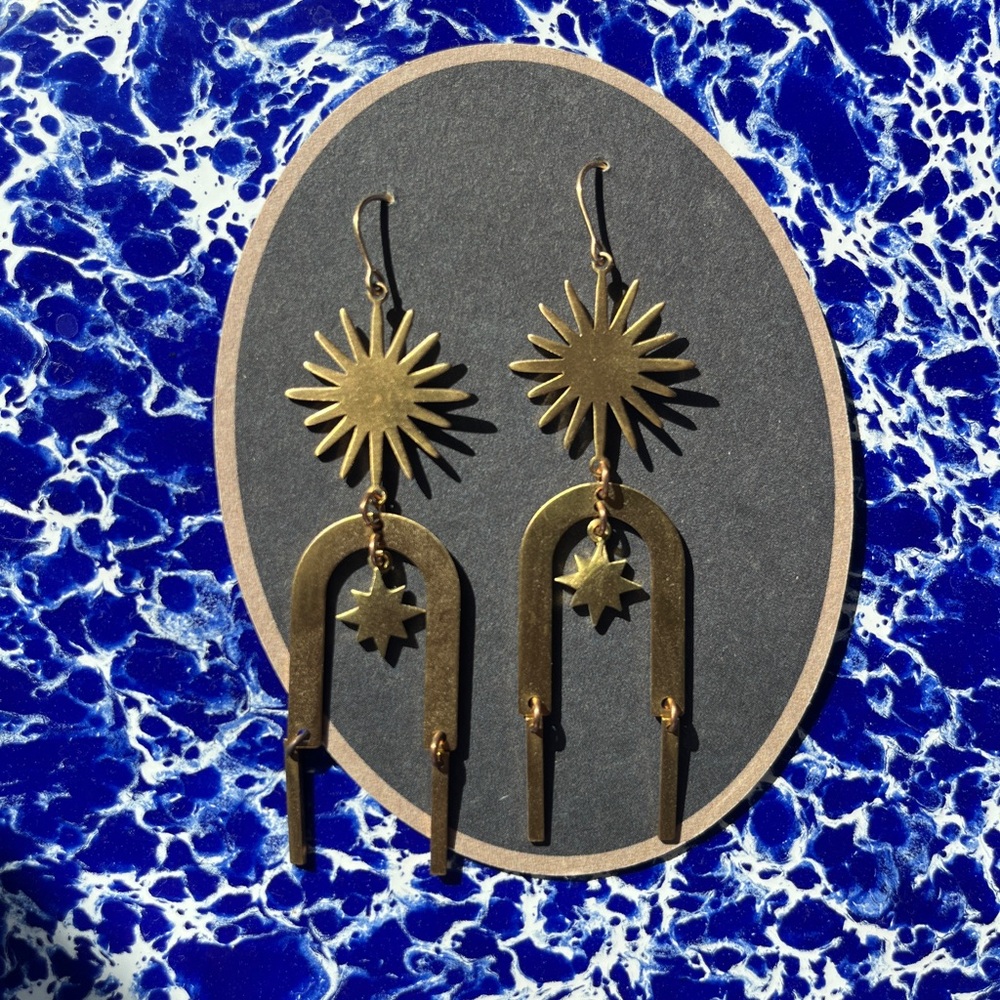 Gold Sun and Star Dangle Earrings